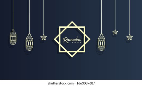Ramadan Kareem ornate background vector illustration. dark blue gradient background with hanging lantern, moon, and stars. 