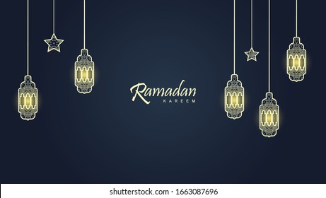 Ramadan Kareem verzierte Hintergrund-Vektorillustration. dunkelblauer Farbverlauf-Hintergrund mit hängender Laterne, Mond und Sternen. 