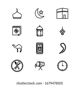 Ramadan Kareem Umriss Vektorillustration Symbol Set. Koranbuch, Traditionelle Laternen, Crescent mit Stern, Moschee und Rosary, Kaaba, Feiertagsessen, Trommel