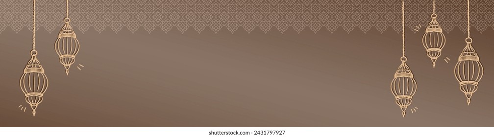 Ramadan Kareem panoramic banner with golden hand drawn linear Muslim lanterns on beige background with arabesque pattern and copy space for text. Blank Eid Mubarak header with outline hanging lamps