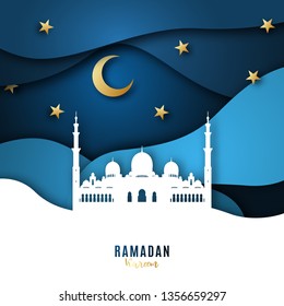 Ramadan Kareem paper art background with mosque,  moon and stars. Origami design template. 