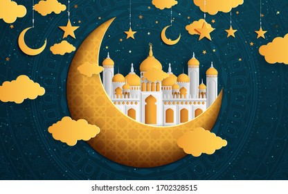 ramadan kareem paper art design. crescent moon and mosque background scene. vector illustration can used be poster or banner