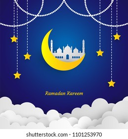 Ramadan Kareem paper art vector design. mosque and crescent moon on blue background. Vector illustration