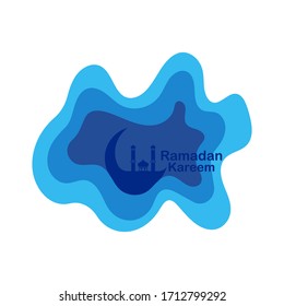 Ramadan Kareem paper art vector or paper cut style with Fanoos lantern, Crescent moon & Mosque Background in blue Color abstract Shape. For Web banner, greeting card, Poster & Promotion template