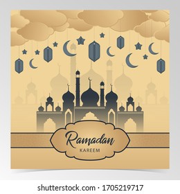Ramadan Kareem Paper background with paper lantern, moon, star, Masjid & Cloud. Golden blue ramadan mubarak banner wallpaper.