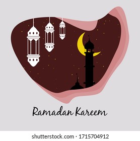 Ramadan Kareem - Paper Cut Out Concept. Silhouette of Mosque and lanterns