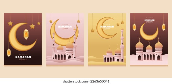 Ramadan Kareem with Paper Cut Style Design Template with Different Color Vector Illustration