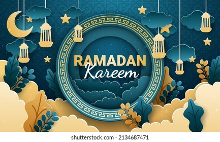 Ramadan kareem paper cut vector. Banner or poster with lantern, star and cloud ornament, suitable for  celebrating ramadan events.