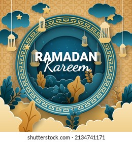 Ramadan kareem paper cut vector. Banner or poster with lantern, star and cloud ornament, suitable for  celebrating ramadan events.