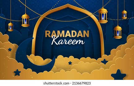 Vector de corte de papel Ramadan kareem. Cartel o afiche con linterna y ornamento en la nube, adecuado para celebrar eventos de ramadán.