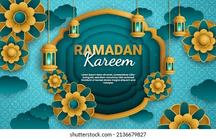 Ramadan kareem paper cut vector. Banner or poster with lantern and cloud ornament, suitable for  celebrating ramadan events.