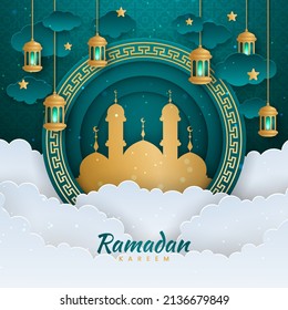 Vector de corte de papel Ramadan kareem. Cartel o afiche con linterna y ornamento en la nube, adecuado para celebrar eventos de ramadán.