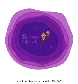 Ramadan Kareem. Paper cut vector background for islamic holiday with lanterns and stars