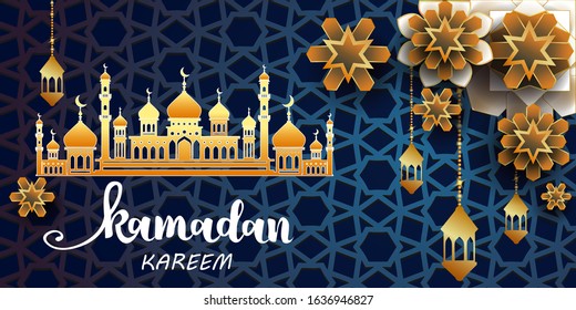 Ramadan Kareem - paper graphic of islamic crescent moon, mosque and lantern