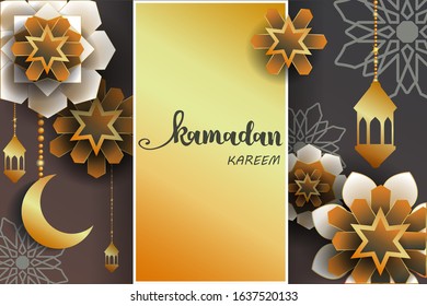 Ramadan Kareem - paper graphic of islamic crescent moon and lantern