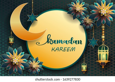 Ramadan Kareem - paper graphic of islamic crescent moon and lantern