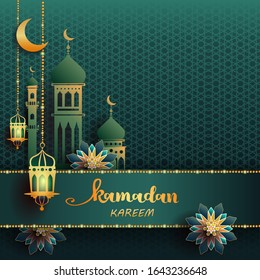 Ramadan Kareem - paper graphic of islamic crescent moon, mosque and lantern