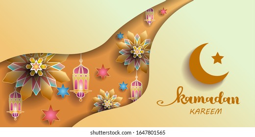 Ramadan Kareem - paper graphic of islamic crescent moon, the star and lantern