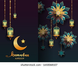 Ramadan Kareem - paper graphic of islamic crescent moon, the star and lantern