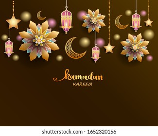 Ramadan Kareem - paper graphic of islamic crescent moon, the star, flower and lantern