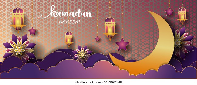 Ramadan Kareem - paper graphic of islamic crescent moon, the star and lantern