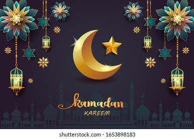 Ramadan Kareem - paper graphic of islamic crescent moon mosque and lantern