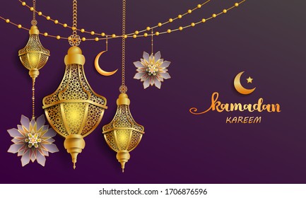 Ramadán Kareem - gráfico en papel de luna creciente islamica, flor y linterna para tarjetas de felicitación, invitación, afiches, folleto, calendario, volantes, pancartas