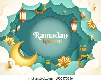 Ramadan Kareem paper graphic of islamic festival design with crescent moon and islamic decorations.