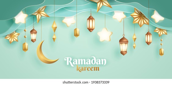 Ramadan Kareem paper graphic of islamic festival design with crescent moon and islamic decorations.