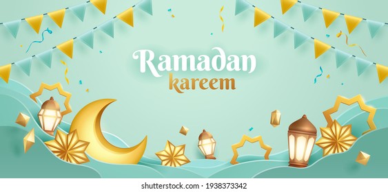 Ramadan Kareem paper graphic of islamic festival design with crescent moon and islamic decorations.