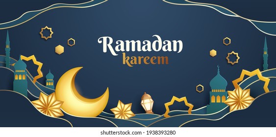 Gráfica de papel de Ramadan Kareem de diseño de festival islámico con decoración de luna creciente y decoración islámica.