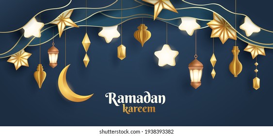 Ramadan Kareem paper graphic of islamic festival design with crescent moon and islamic decorations.