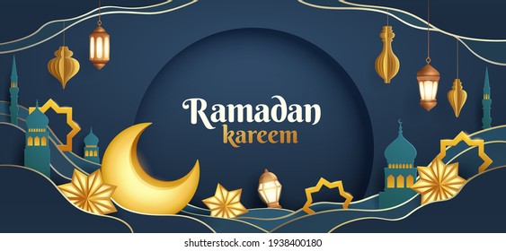 Gráfica de papel de Ramadan Kareem de diseño de festival islámico con decoración de luna creciente y decoración islámica.