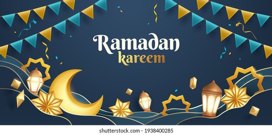 Ramadan Kareem paper graphic of islamic festival design with crescent moon and islamic decorations.