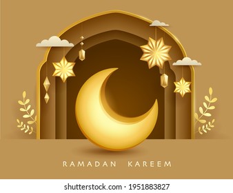 Ramadan Kareem paper graphic of islamic festival design with 3D crescent moon, mosque window and islamic decorations.