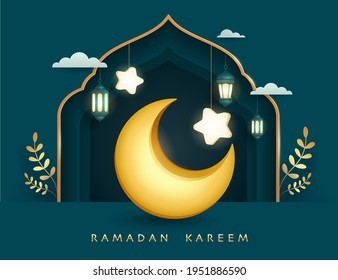 Ramadan Kareem paper graphic of islamic festival design with 3D crescent moon, mosque window and islamic decorations.