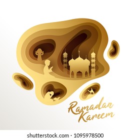 Ramadan Kareem, paper layered design with islamic people praying and mosque illustration.