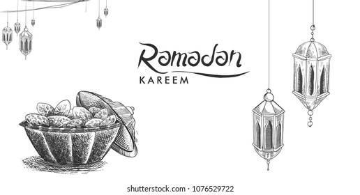 Ramadan Kareem party celebration, Hand Drawn Sketch Vector illustration.