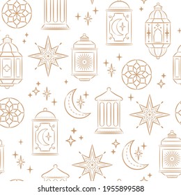 Ramadan Kareem Pattern, Islamic art Style Background. Symbols of Ramadan Mubarak, Hanging Gold Lanterns, arabic lamps, lanterns moon, star, art vector seamless pattern