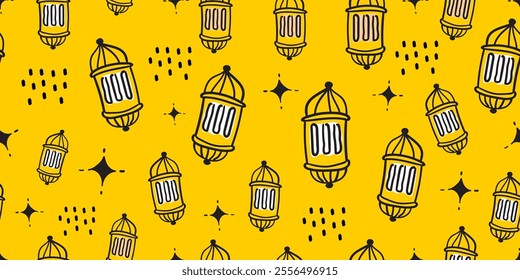 Ramadan Kareem pattern, lanterns hanging moon and stars, ready to print for background fabric. vector illustration