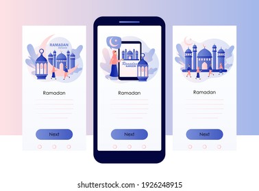 Ramadan Kareem. La gente se saluda mutuamente con la festividad de Eid Mubarak. Mes Santo, farol para rezar en la noche y en la mezquita. Fiesta Musulmana. Plantilla de pantalla para teléfono inteligente móvil. Estilo moderno de dibujos animados planos. Vector