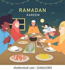 Ramadan kareem with people having iftar party eating delicious food on the table. Ramadan kareem means generous ramadan. Iftar means the meal eaten by Muslims after sunset during Ramadan.