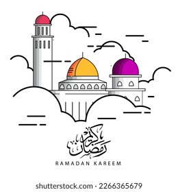 Ramadan Kareem with pictures of mosques and minarets and arabic text