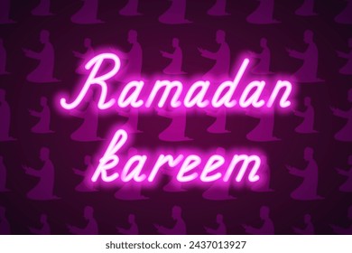 Ramadan Kareem. Pink neon lettering. Glowing holiday text. Color vector illustration. Background of praying people. Congratulations on Ramadan. Idea for web design.