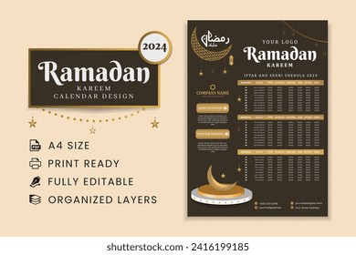 Ramadan Kareem Planner 2024. Ramadan Kareem calendar Planner 2024. Ramadan wall calendar 2024.