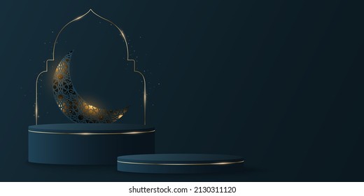 Ramadan Kareem podium with Arabic frame. Glowing moon window with traditional islamic ornament. 3D cylinder with golden glitter. Minimal muslim scene. Eid Mubarak. Vector illustration