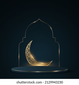 Ramadan Kareem podium with Arabic traditional frame. Luxurious brilliant golden moon with islamic ornament. 3D cylinder with gold glitter. Minimal muslim scene. Eid Mubarak. Vector