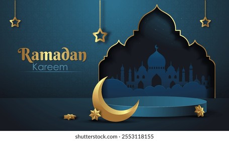 Ramadã kareem podium. Crescente, lanterna e estrelas perto da silhueta da mesquita. Feriado tradicional islâmico. Tradições e religião árabes. Publicidade e marketing. Ilustração de vetor realista