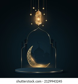 Ramadan Kareem podium. Glowing lantern on the background of the old city and mosque. Islamic traditional frame. Luxurious golden moon with islamic ornament. Eid Mubarak. Vector illustration