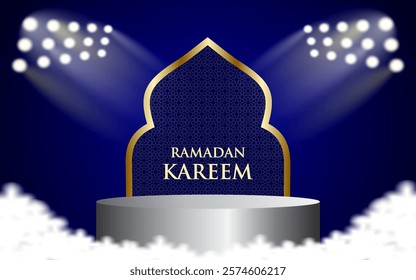 Ramadan kareem podium with mosque door. Vector illustration